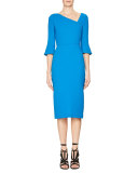 Trumpet-Sleeve Asymmetric-Neck Dress, Berber Blue