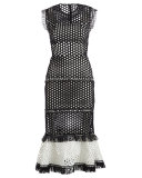 Mag Sleeveless Eyelet Mesh Midi Dress, Black/White