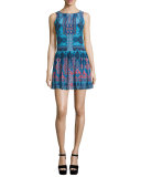 Sleeveless Rug-Print Mini Dress, Blue