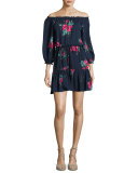 Marx Floral-Print Off-the-Shoulder Silk Blouson Mini Dress, Blue