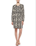 Tribal-Print Shift Shirtdress, Black/White