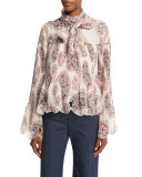 Long-Sleeve Plissé Paisley Chiffon Top, Winter White