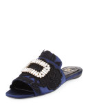 Strass-Buckle Macramé Slide Sandal, Black/Blue