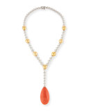 18K White Gold Coral Pendant Necklace with Diamonds & South Sea Pearls