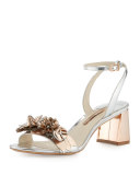 Lilico Floral Leather Mid-Heel Sandal, Silver/Rose Gold