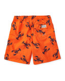 Lobster-Print Board Shorts, Red/Blue, Sizes 2-4