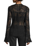 Scalloped Lace Long-Sleeve Top, Black