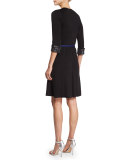 3/4-Sleeve Embellished Wrap Dress, Ink