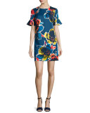 Short-Sleeve Floral Stretch Crepe Shift Dress, Midnight
