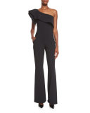 One-Shoulder Stretch Jersey Ruffle Jumpsuit, Black