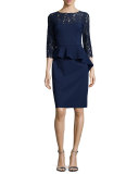 Lace-Sleeve Peplum Cocktail Dress, Navy