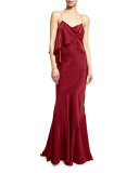 Sleeveless Draped-Ruffle Gown, Red