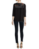Bennett Embroidered 3/4-Sleeve Blouse, Black, Plus Size