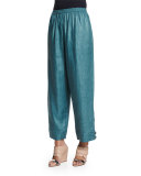 Slimmer Japanese Button-Cuff Linen Ankle Pants, Teal