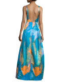 Sleeveless Abstract-Print Gown, Teal
