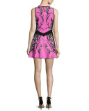Sleeveless Feather-Print Mini Dress, Rosa