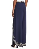 Larissa Embroidered Crepe Overlap Pants, Blue