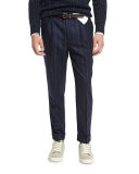 Chalk-Stripe Single-Pleat Leisure Pants, Navy