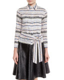 Zebra-Tile Belted Blouse, Black/White/Multi
