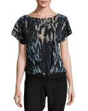 Short-Sleeve Tie-Waist Abstract-Print Top, Black/Blue