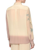 Long-Sleeve Degrade Bird-Print Blouse, Cipria/Pale Pink