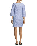 Pinstripe Boat-Neck Tunic Dress, Blue/White
