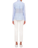 Button-Front Embroidered-Back Blouse, Sky Blue