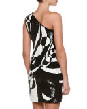 Allover Beaded One-Shoulder Mini Dress