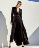 V-Neck Cutout-Waist Long Coat, Black