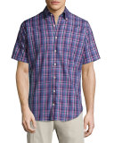 Plaid Short-Sleeve Sport Shirt, Navy/Red