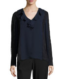 Harper Lace-Trimmed Ruffled V-Neck Silk Blouse, Midnight Blue