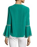 Embroidered Silk Crepe de Chine Top, Jade