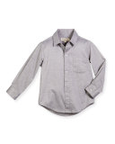 Long-Sleeve Cotton Pin-Dot Shirt, Gray, Size 2-14