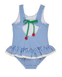 Skirted One-Piece Striped Seersucker Swimsuit, Blue, Size 6-24 Months
