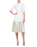 Half-Sleeve Two-Tone Midi Shirtdress, Champagne