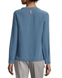 Long-Sleeve Round-Neck Blouse, Blue