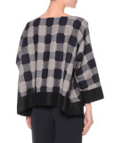 Bateau-Neck Check Top, Navy/Gray