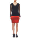Long-Sleeve Mesh-Overlay Top, Navy
