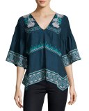 Giselle Embroidered V-Neck Top, Blue