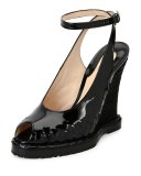 Intrecciato Peep-Toe Wedge Sandal, Black