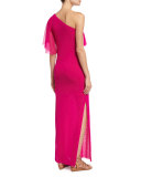 Ruffled One-Shoulder Column Gown, Fuchsia 