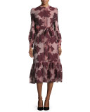 Floral Belted Long-Sleeve Midi Dress, Burgundy