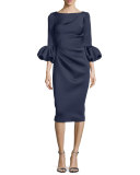 Puffy-Sleeve Pleated-Front Sheath Dress