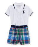 Tipped Basic Mesh Polo Shirt w/ Plaid Shorts, White, Size 9-24 Months