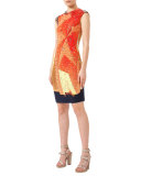 Rock Climbing Wall Printed Cap-Sleeve Dress, Rust/Navy