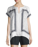 Scarf-Print Silk Popover Top, White/Black