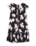 Cap-Sleeve Floral Crepe Flounce Dress, Black, Size 2-6