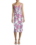 Sleeveless Gardenia-Print Midi Dress, White/Hibiscus