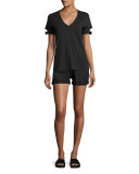Slit-Cuff Cotton Jersey V-Neck Tee, Black