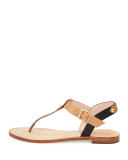 sky leather t-strap sandal, luggage/natural/black